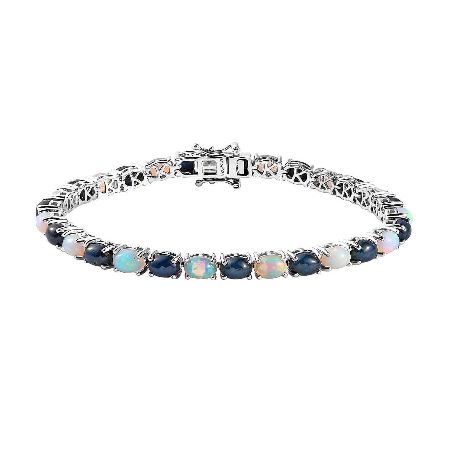 Thai Blue Star Sapphire and Ethiopian Welo Opal Tennis Bracelet in Platinum Over Sterling Silver (7.25 In) 10.75 Grams 14.75 ctw