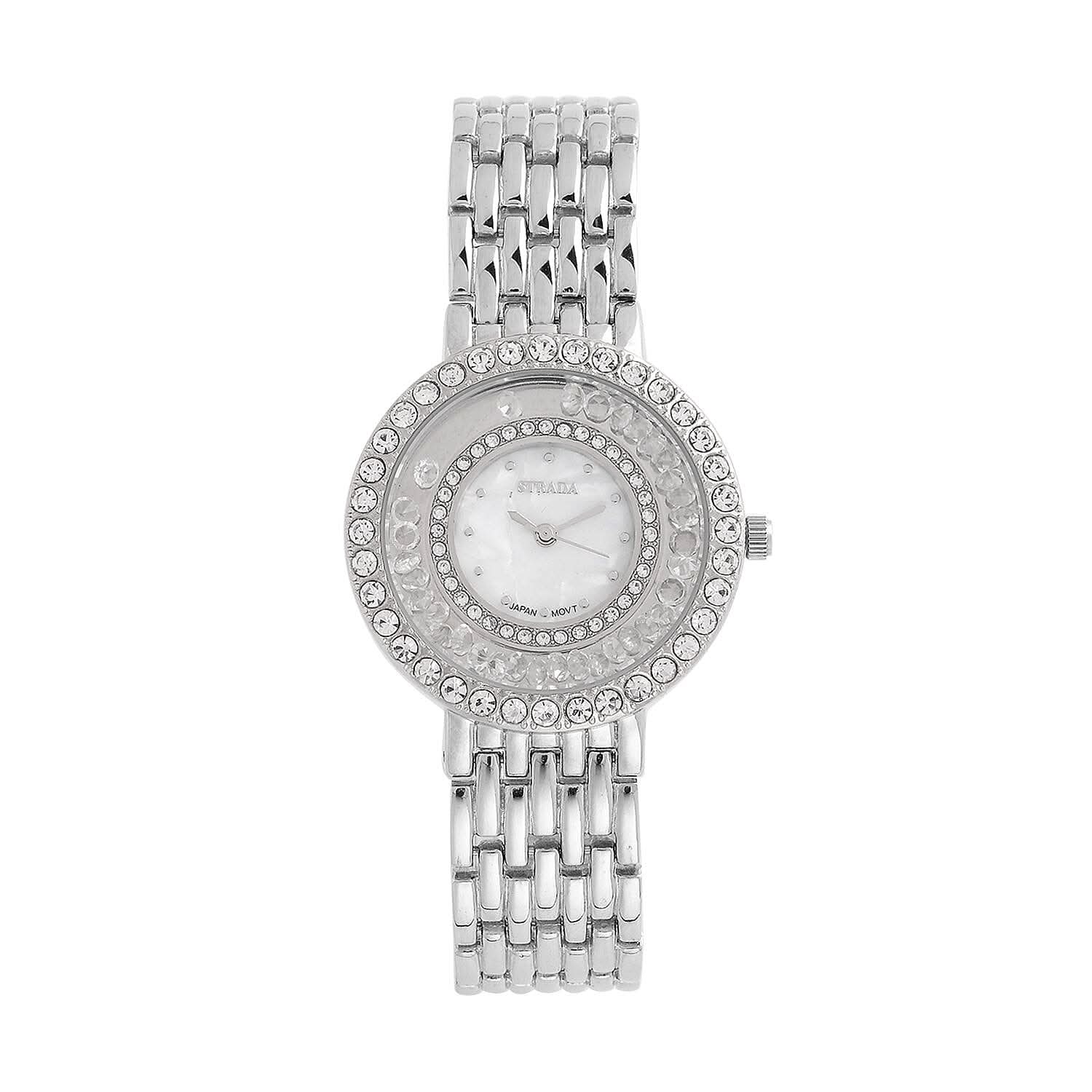 Strada Austrian Crystal Japanese Movement Simulated MOP Dial Bracelet Watch in Goldtone (36mm) (5.50-8.0Inches)