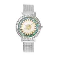 Strada Japanese Movement White Austrian Crystal White Flower Pattern Watch with Stainless Steel Mesh Strap (35.80 mm) (6.75-8.00 Inches)