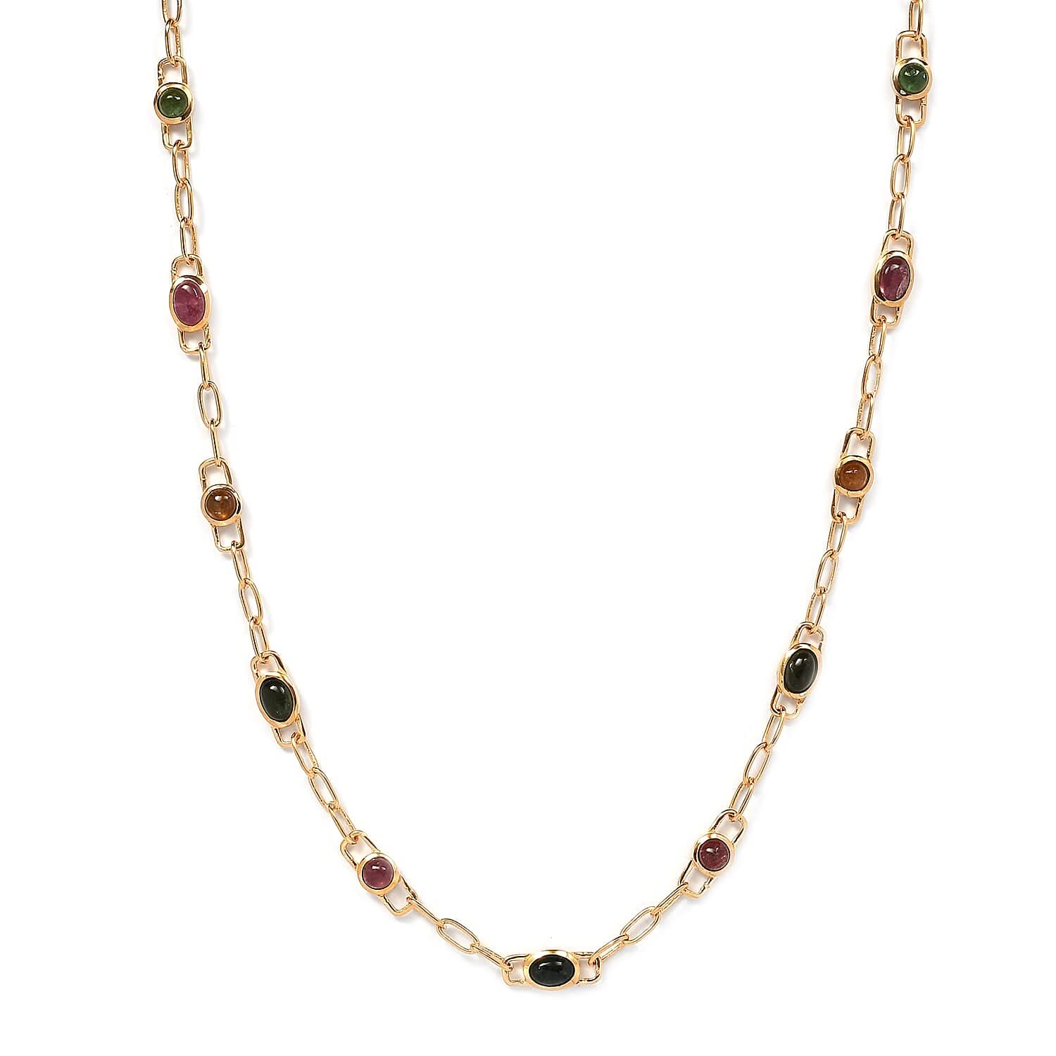 Multi-Tourmaline Station Necklace 20 Inches in Vermeil Yellow Gold Over Sterling Silver 11.25 Grams 8.15 ctw