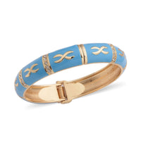 White Austrian Crystal, Turquoise Blue Color Enameled Bangle Bracelet (7.25 In) in Goldtone