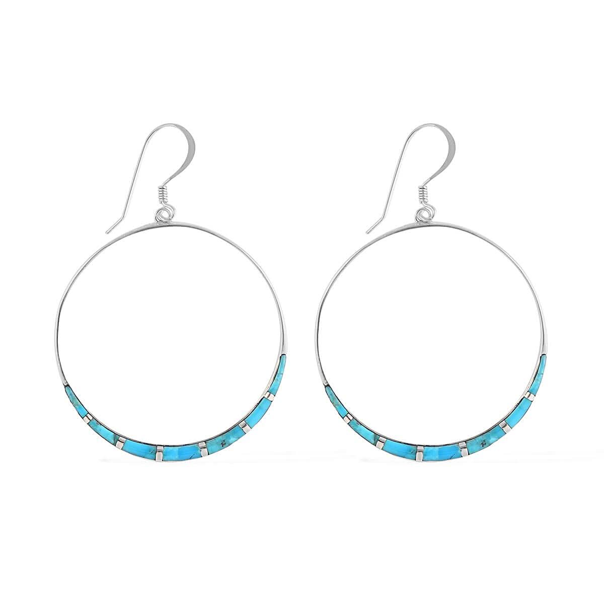 SANTA FE Style Kingman Turquoise Hanging Hoop Earrings in Sterling Silver 8.00 ctw