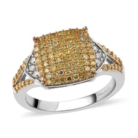 Natural Yellow and White Diamond I3 Cluster Ring in Yellow Rhodium and Platinum Over Sterling Silver 0.50 ctw