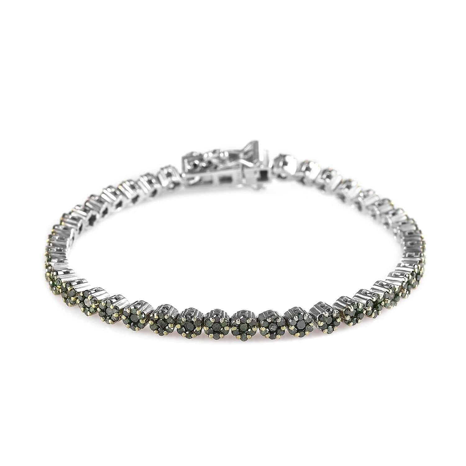 Green Diamond Floral Bracelet in Platinum Over Sterling Silver (6.50 In) 3.00 ctw