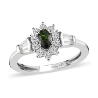 Premium Tanzanian Natural Chrome Tourmaline and Natural White Zircon Sunburst Ring in Platinum Over Sterling Silver 0.70 ctw