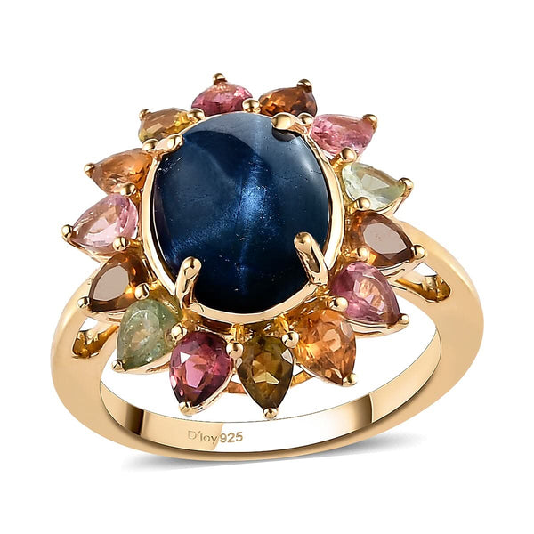 Thai Blue Star Sapphire, Multi-Tourmaline Floral Ring in Vermeil YG Over Sterling Silver (Size 10.0) 7.10 ctw - Product card gallery slide 1 (9431551115519)