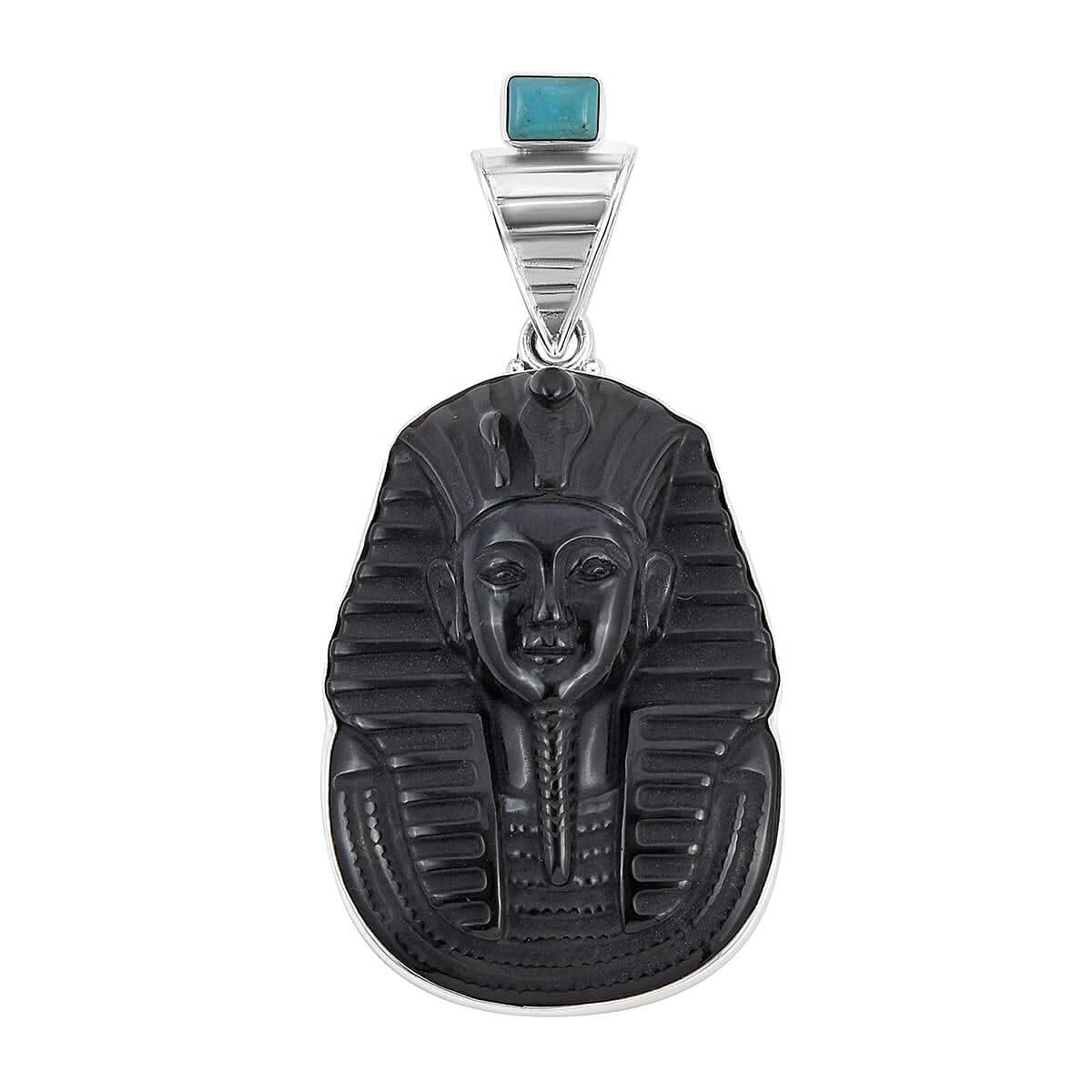 Sajen Silver Black Onyx Carved and Turquoise Pendant in Sterling Silver 75.40 ctw