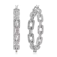 White Austrian Crystal Paper Clip Chain Hoop Earrings in Goldtone