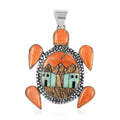 SANTA FE Style Spiny Oyster Shell and Multi Gemstone Turtle Pendant with Pueblo Homes in Sterling Silver 13.80 Grams 5.00 ctw - Sticky add to cart bar