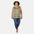 Tamsy Gray and Yellow Floral Print Basic Scoop Neck Knit Tank 1X - Sticky add to cart bar