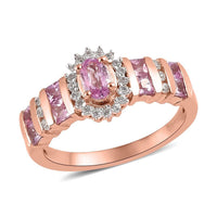 Madagascar Pink Sapphire, Natural White Zircon Ring in Vermeil RG Over Sterling Silver (Size 10.0) 1.00 ctw