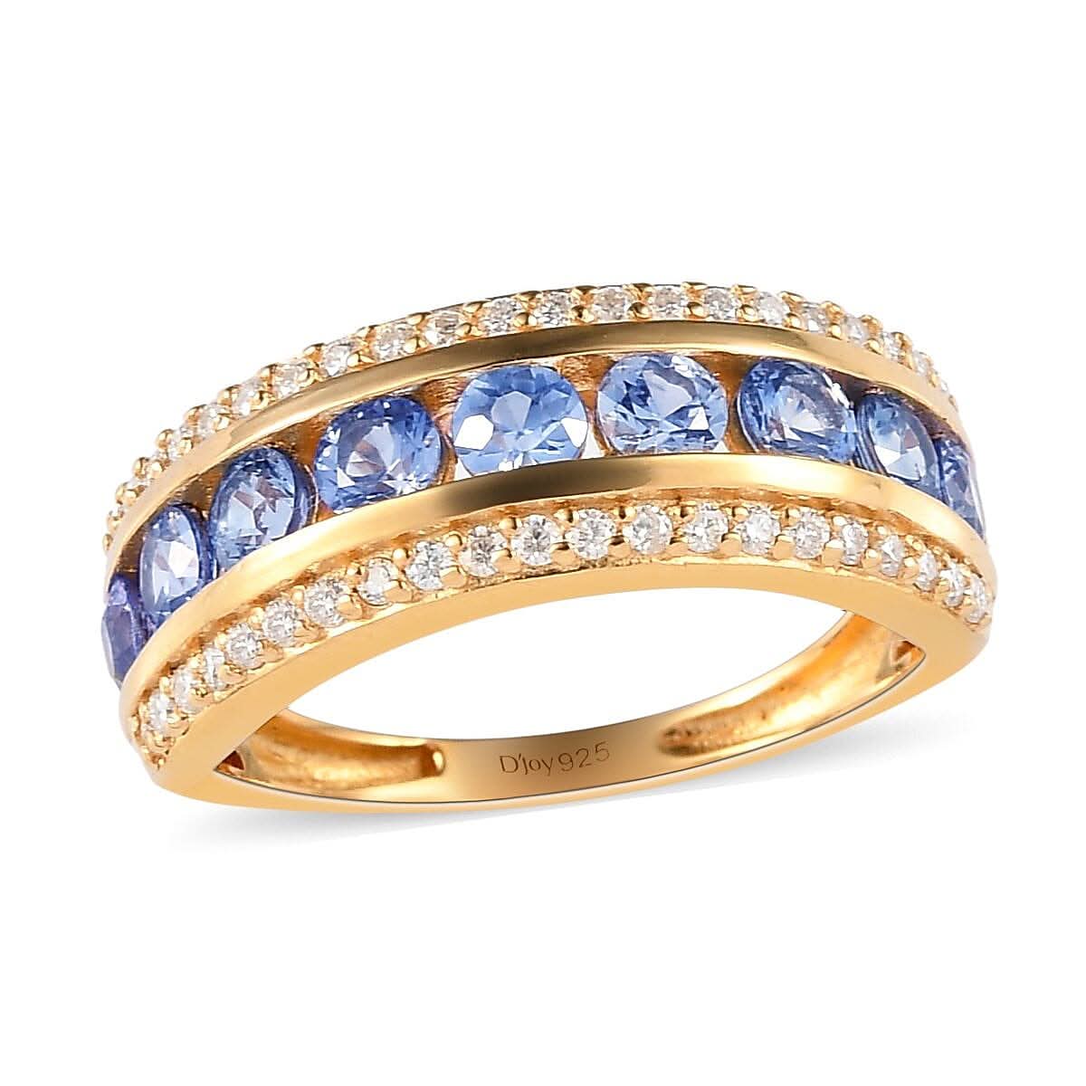 Blue Ceylon Sapphire and Moissanite VS-EF Half Eternity Band Ring in Vermeil Yellow Gold Over Sterling Silver 1.40 ctw