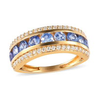 Blue Ceylon Sapphire and Moissanite VS-EF Half Eternity Band Ring in Vermeil Yellow Gold Over Sterling Silver 1.40 ctw