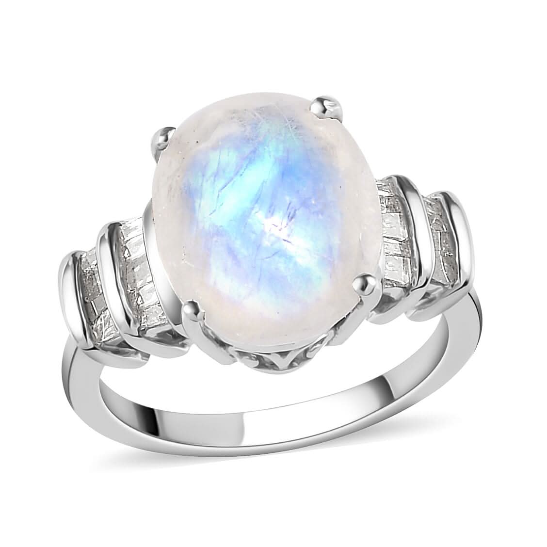 Premium Rainbow Moonstone and Diamond Ring in Platinum Over Sterling Silver (Size 7.0) 4.65 ctw