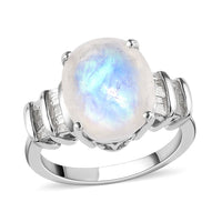 Premium Rainbow Moonstone and Diamond Ring in Platinum Over Sterling Silver (Size 7.0) 4.65 ctw