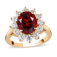 Brazilian Cherry Citrine, Moissanite (VS-EF) Sunburst Ring in Vermeil YG Over Sterling Silver (Size 10.0) 4.35 ctw