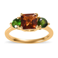Asscher Cut Brazilian Cherry Citrine, Natural Chrome Diopside 3 Stone Ring in Vermeil YG Over Sterling Silver (Size 10.0) 1.50 ctw