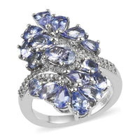 Tanzanite, Natural White Zircon Elongated Ring in Platinum Over Sterling Silver (Size 5.0) 3.80 ctw