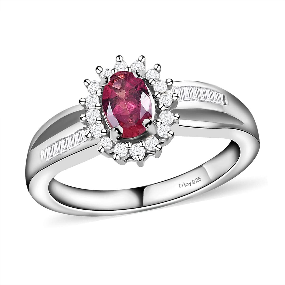 Premium Ouro Fino Rubellite and Diamond Sunburst Ring in Platinum Over Sterling Silver 0.65 ctw