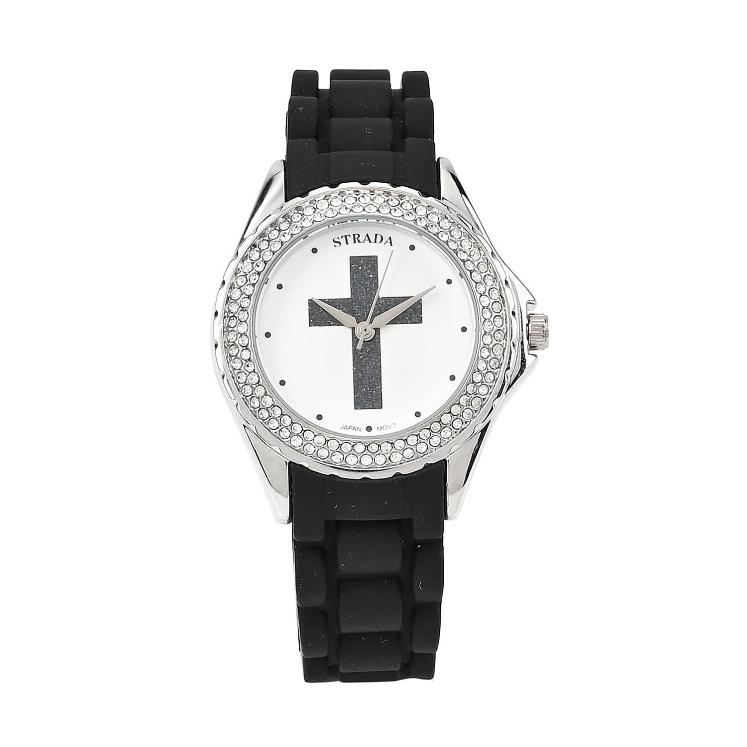 Strada Austrian Crystal Japanese Movement Black Stardust Cross Watch with Black Silicone Strap