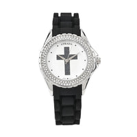 Strada Austrian Crystal Japanese Movement Black Stardust Cross Watch with Black Silicone Strap