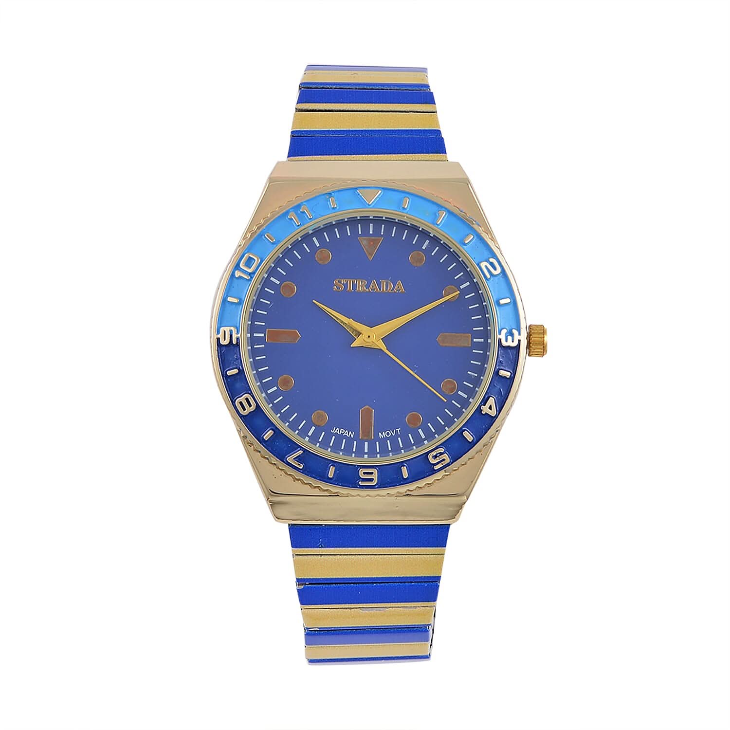 Strada Japanese Movement Dark Blue and Yellow Enameled Stretch Bracelet Watch with Stainless Steel Strap (38.1mm)