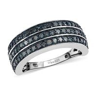 Doorbuster Blue Diamond 3 Row Ring in Platinum Over Sterling Silver (Size 7.0) 1.00 ctw