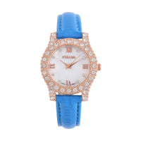 Strada Austrian Crystal Japanese Movement Watch in Rosetone with Black Faux Leather Strap (31.24 mm) (6.5-7.5 Inches)