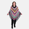TAMSY Black with Multicolor Stripe Pattern Cotton Hand Chrochet Poncho - One Size Fits Most - Sticky add to cart bar