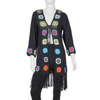 TAMSY Black with Multicolor Square Geometric Pattern Cotton Hand Chrochet Cardigan - M
