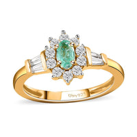 Ethiopian Emerald, Natural White Zircon Floral Ring in Platinum Over Sterling Silver (Size 10.0) 0.75 ctw