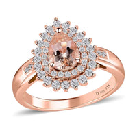 Marropino Morganite and Natural White Zircon Double Halo Ring in Vermeil Rose Gold Over Sterling Silver 1.15 ctw