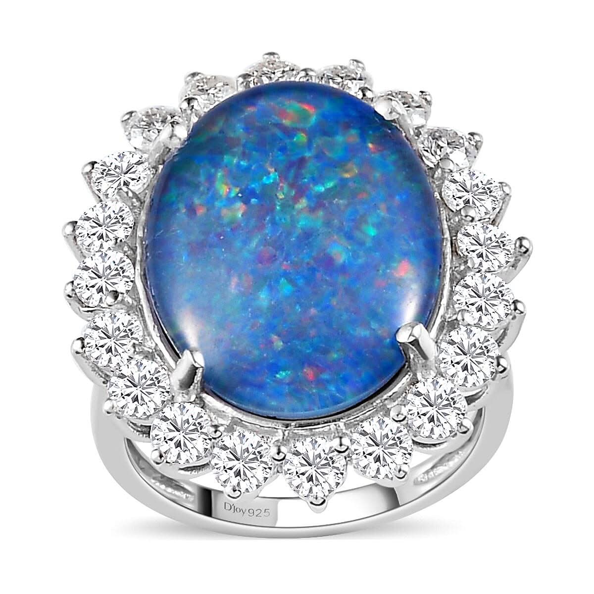 Australian Boulder Opal Triplet, Moissanite (VS-EF) Halo Ring in Platinum Over Sterling Silver (Size 10.0) 8.00 ctw