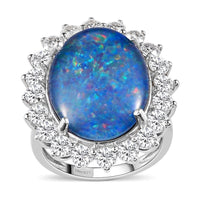 Australian Boulder Opal Triplet, Moissanite (VS-EF) Halo Ring in Platinum Over Sterling Silver (Size 10.0) 8.00 ctw