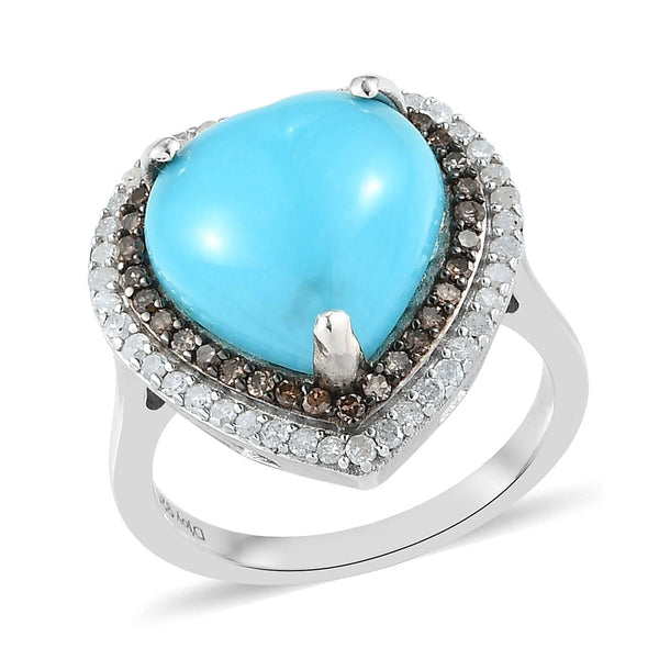 Natural Arizona Sleeping Beauty Turquoise (HT 12), Natural Champagne and White Diamond (0.60 cts) Heart Ring in Platinum Over Sterling Silver (Size 10.0) 5.65 ctw - Product card gallery slide 1 (9431280025855)