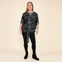 TAMSY Blue Abstract Kaftan Sleeve Blouse with Neck Embellishment - Large