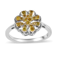 Doorbuster Blue Diamond Floral Ring in Platinum Over Sterling Silver (Size 8.0) 0.25 ctw