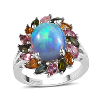 Premium Ethiopian Welo Opal and Multi-Tourmaline Floral Ring in Platinum Over Sterling Silver 3.50 ctw