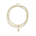 Austrian Crystal Three Layered Necklace with Cross Charm (20.5-22.5 Inches) in Goldtone 6.00 ctw - Sticky add to cart bar