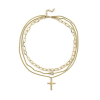 Austrian Crystal Three Layered Necklace with Cross Charm (20.5-22.5 Inches) in Goldtone 6.00 ctw