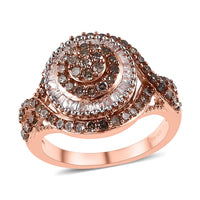 Doorbuster Natural Champagne and White Diamond Ring in Rhodium & Vermeil Rose Gold Over Sterling Silver 1.10 ctw