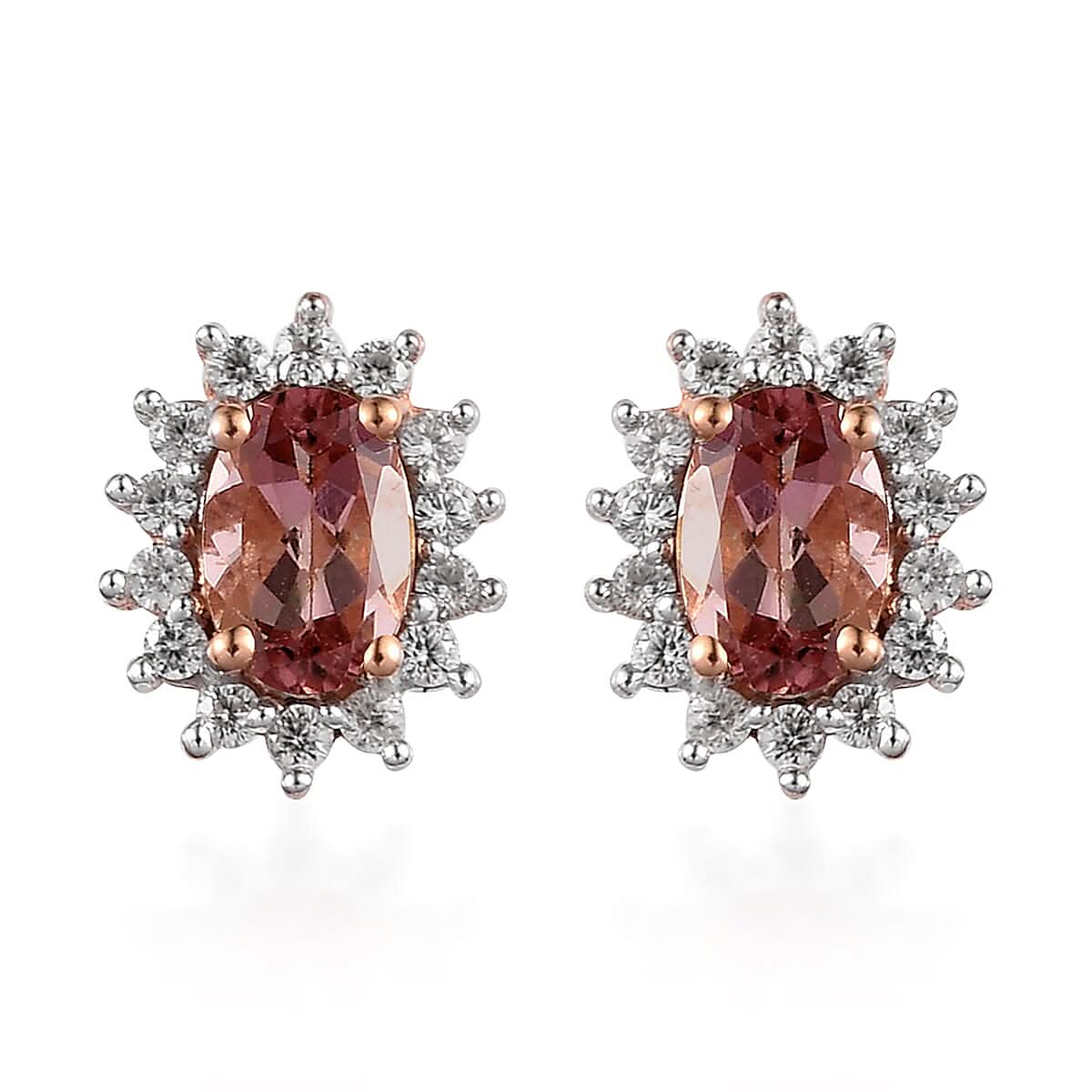 Natural Blush Tourmaline and Natural White Zircon Sunburst Stud Earrings in Vermeil RG Over Sterling Silver 1.30 ctw