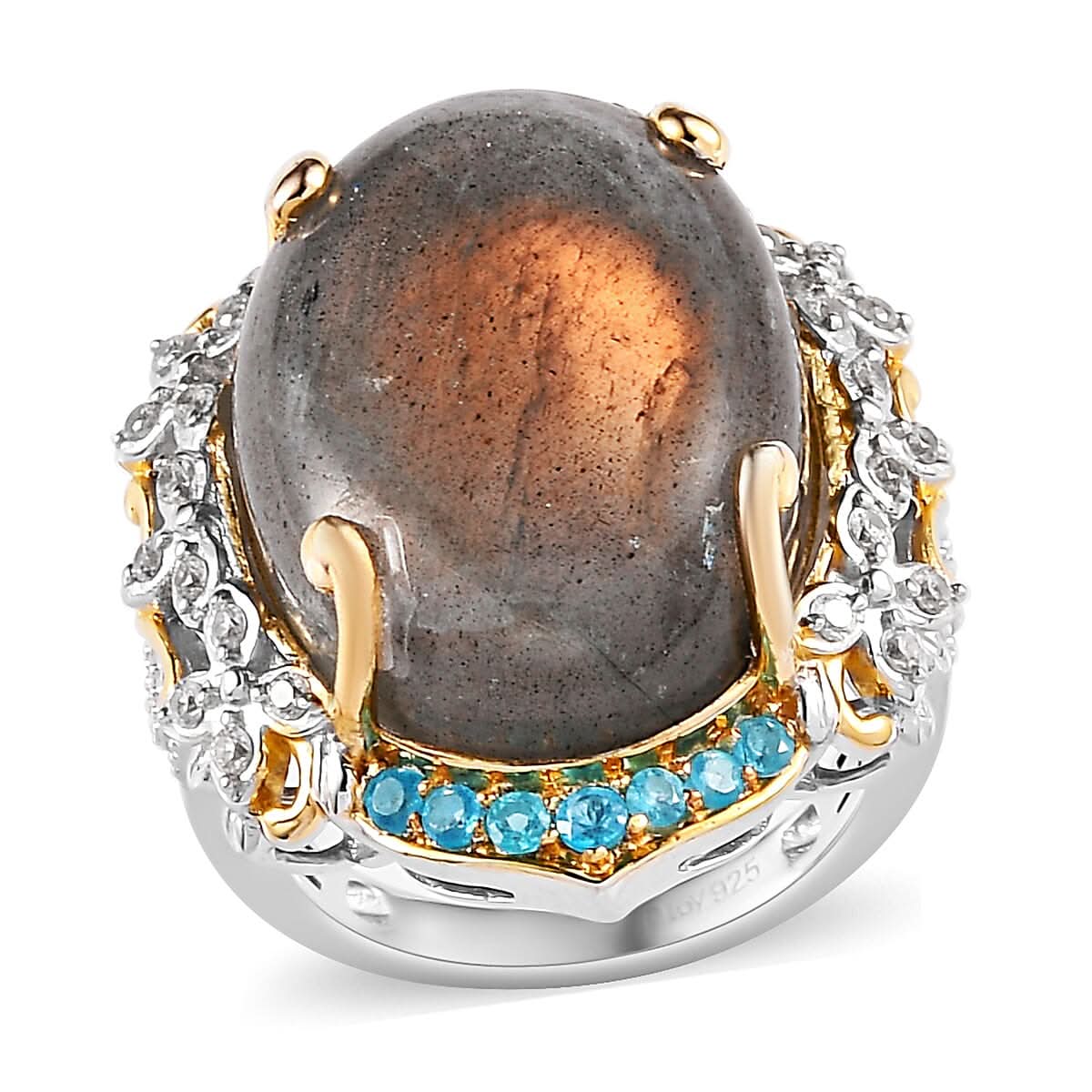Madagascar Fire Labradorite and Multi Gemstone Ring in Vermeil Yellow Gold and Platinum Over Sterling Silver 17.85 ctw