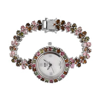 Doorbuster EON 1962 Swiss Movement Multi-Tourmaline Bracelet Watch in Platinum Over Sterling Silver (6.50 In) (21.25 g) 22.10 ctw