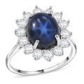 Thai Blue Star Sapphire, Moissanite Halo Ring in Platinum Over Sterling Silver (Size 10.0) 8.75 ctw - Sticky add to cart bar
