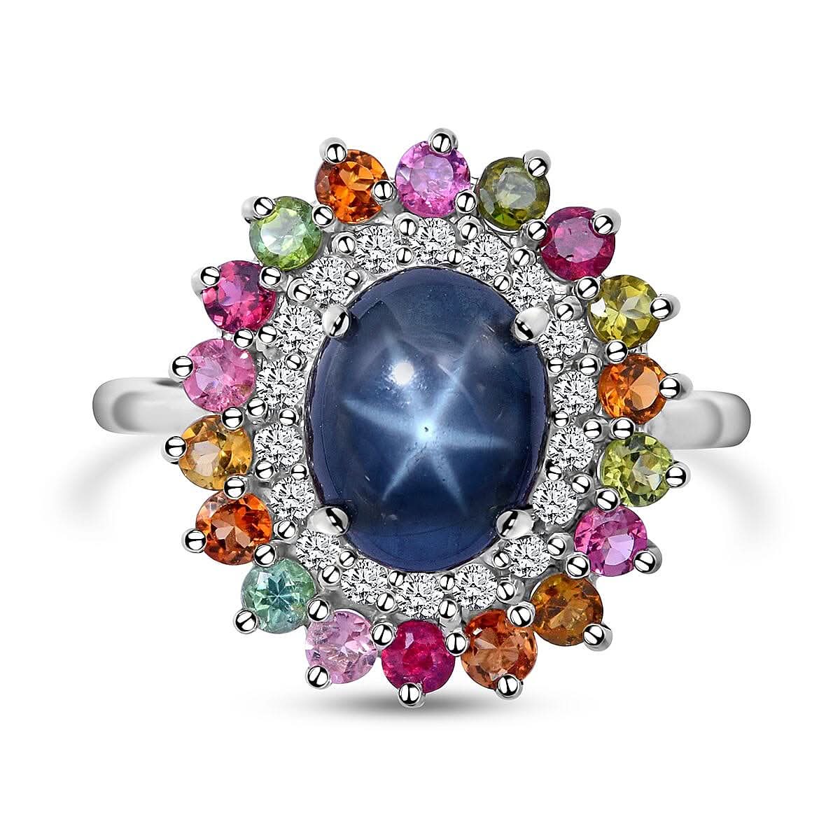 Thai Blue Star Sapphire and Multi Gemstone Cocktail Ring in Platinum Over Sterling Silver 6.20 ctw