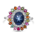 Thai Blue Star Sapphire and Multi Gemstone Cocktail Ring in Platinum Over Sterling Silver 6.20 ctw - Sticky add to cart bar