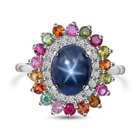 Thai Blue Star Sapphire and Multi Gemstone Cocktail Ring in Platinum Over Sterling Silver 6.20 ctw