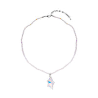Simulated White Aurora Borealis Star Pendant with Beaded Necklace 20 Inches in Silvertone