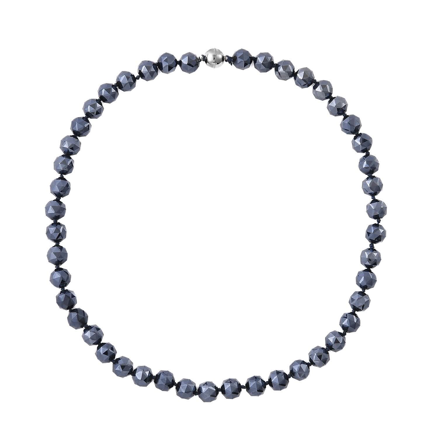 Hematite Color Glass Beaded Necklace 24 Inches with Magnetic Lock in Silvertone